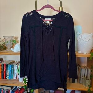 Love Black Lace-Up Blouse with Lace Details